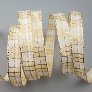 20 m x 15 mm Weihnachten Drahtkantenband KARO WEISS CREME GOLD 103 Lurex Goldkante