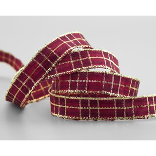 3 m x 15 mm Weihnachten Drahtkantenband KARO BORDEAUX GOLD 155 Lurex Goldkante