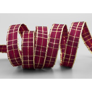 3 m x 15 mm Weihnachten Drahtkantenband KARO BORDEAUX GOLD 155 Lurex Goldkante