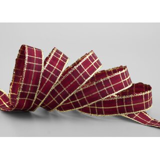 3 m x 15 mm Weihnachten Drahtkantenband KARO BORDEAUX GOLD 155 Lurex Goldkante
