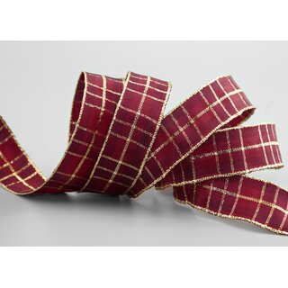 20 m x 25 mm Weihnachten Drahtkantenband KARO BORDEAUX GOLD 155 Lurex Goldkante