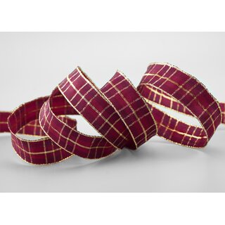 20 m x 25 mm Weihnachten Drahtkantenband KARO BORDEAUX GOLD 155 Lurex Goldkante