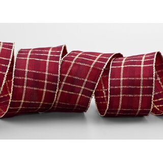 20 m x 40 mm Weihnachten Drahtkantenband KARO BORDEAUX GOLD 155 Lurex Goldkante