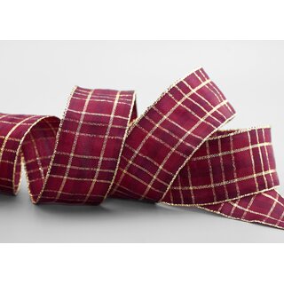 20 m x 40 mm Weihnachten Drahtkantenband KARO BORDEAUX GOLD 155 Lurex Goldkante