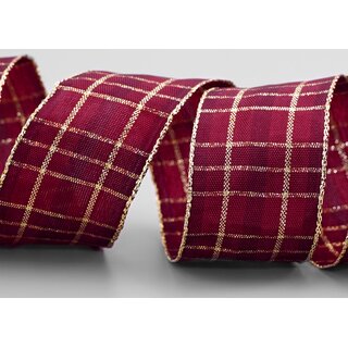 3 m x 40 mm Weihnachten Drahtkantenband KARO BORDEAUX GOLD 155 Lurex Goldkante
