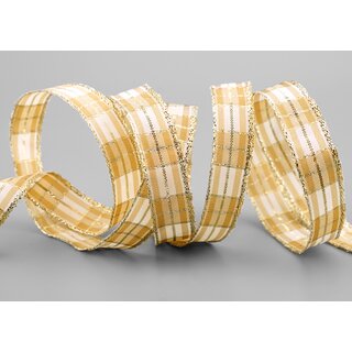 20 m x 15 mm Weihnachten Drahtkantenband KARO CREME GOLD 102 Lurex Goldkante