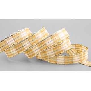 3 m x 15 mm Weihnachten Drahtkantenband KARO CREME GOLD 102 Lurex Goldkante