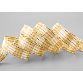 3 m x 15 mm Weihnachten Drahtkantenband KARO CREME GOLD 102 Lurex Goldkante