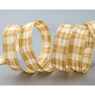 3 m x 25 mm Weihnachten Drahtkantenband KARO CREME GOLD 102 Lurex Goldkante