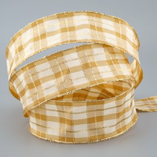 20 m x 40 mm Weihnachten Drahtkantenband KARO CREME GOLD 102 Lurex Goldkante