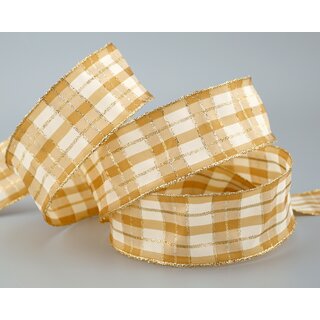 20 m x 40 mm Weihnachten Drahtkantenband KARO CREME GOLD 102 Lurex Goldkante
