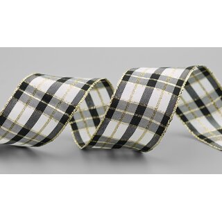 3 m x 40 mm Weihnachten Drahtkantenband KARO SCHWARZ GRAU GOLD 113 Lurex Goldkante