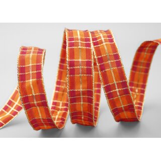20 m x 25 mm Weihnachten Drahtkantenband KARO BORDEAUX ORANGE GOLD 156 Lurex Goldkante