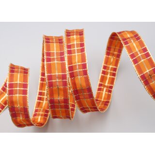 3 m x 25 mm Weihnachten Drahtkantenband KARO BORDEAUX ORANGE GOLD 156 Lurex Goldkante