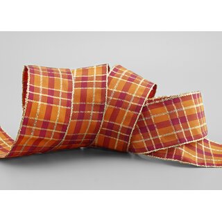 20 m x 40 mm Weihnachten Drahtkantenband KARO BORDEAUX ORANGE GOLD 156 Lurex Goldkante