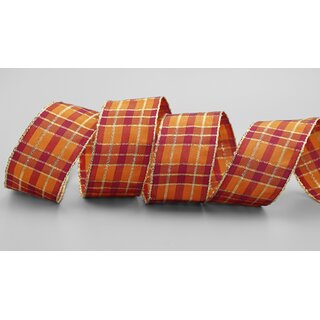 3 m x 40 mm Weihnachten Drahtkantenband KARO BORDEAUX ORANGE GOLD 156 Lurex Goldkante