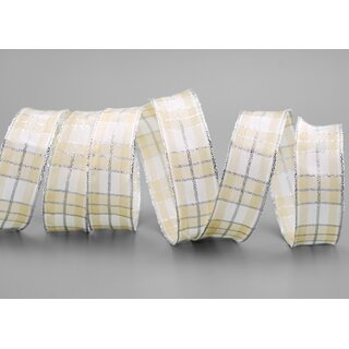 20 m x 25 mm Weihnachten Drahtkantenband KARO CREME SILBER 203 Lurexkante kariertes Dekoband