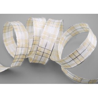 3 m x 25 mm Weihnachten Drahtkantenband KARO CREME SILBER...