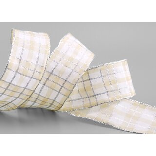 20 m x 40 mm Weihnachten Drahtkantenband KARO CREME SILBER 203 Lurexkante kariertes Dekoband