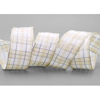 20 m x 40 mm Weihnachten Drahtkantenband KARO CREME SILBER 203 Lurexkante kariertes Dekoband
