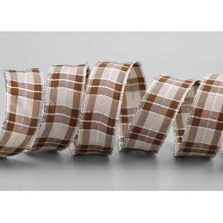20 m x 25 mm Weihnachten Drahtkantenband KARO TAUPE SILBER 225 Lurexkante kariertes Dekoband