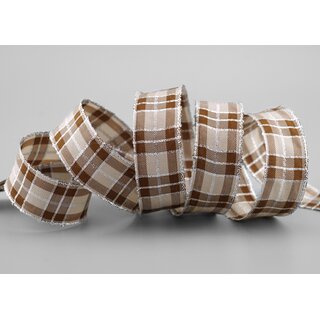 3 m x 25 mm Weihnachten Drahtkantenband KARO TAUPE SILBER 225 Lurexkante kariertes Dekoband