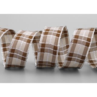 3 m x 25 mm Weihnachten Drahtkantenband KARO TAUPE SILBER 225 Lurexkante kariertes Dekoband