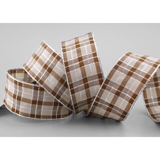 20 m x 40 mm Weihnachten Drahtkantenband KARO TAUPE SILBER 225 Lurexkante kariertes Dekoband