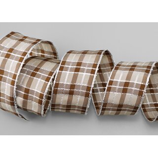 20 m x 40 mm Weihnachten Drahtkantenband KARO TAUPE SILBER 225 Lurexkante kariertes Dekoband