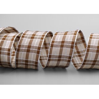 20 m x 40 mm Weihnachten Drahtkantenband KARO TAUPE SILBER 225 Lurexkante kariertes Dekoband