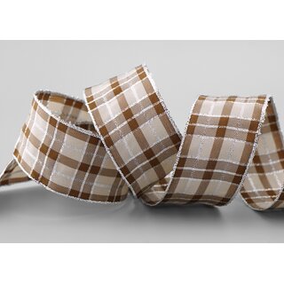 3 m x 40 mm Weihnachten Drahtkantenband KARO TAUPE SILBER  225 Lurexkante kariertes Dekoband