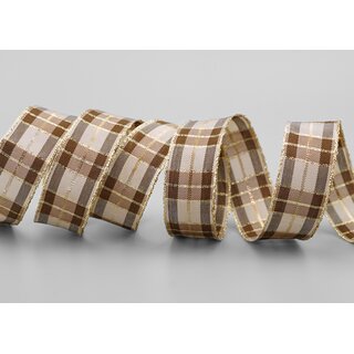 3 m x 25 mm Weihnachten Drahtkantenband KARO TAUPE GOLD 125 Lurex Goldkante