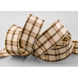 20 m x 40 mm Weihnachten Drahtkantenband KARO TAUPE GOLD 125 Lurex Goldkante