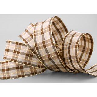 3 m x 40 mm Weihnachten Drahtkantenband KARO TAUPE GOLD...