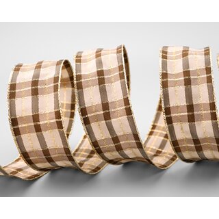 3 m x 40 mm Weihnachten Drahtkantenband KARO TAUPE GOLD 125 Lurex Goldkante