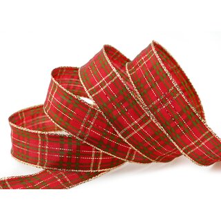 20 m x 25 mm Dekoband KARO ELEGANT ROT GRN Gold mit Drahtkanten Lurex Glnzendes Schleifenband Weihnachten kariert Goldkante
