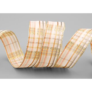 20 m x 25 mm Karo Dekoband SANTAS PANTS CREME Apricot Gold kariertes Geschenkband glnzend Weihnachten Advent Goldkante