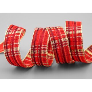 20 m x 25 mm Karo Dekoband SANTAS PANTS ROT Gold kariertes Geschenkband glnzend Weihnachten Advent Goldkante