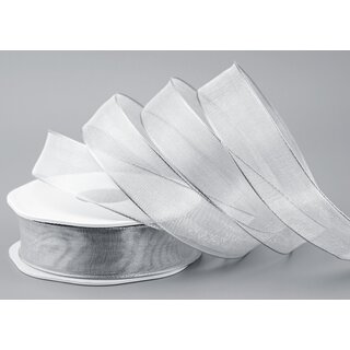 20 m x 25 mm Dekoband SILBER Passion Chiffonband glnzend mit Drahtkanten Geschenkband Band Weihnachten Advent Organza Chiffon Transparent