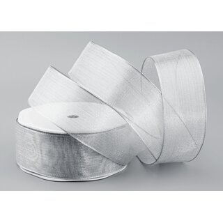 20 m x 38 mm Dekoband SILBER Passion Chiffonband glnzend mit Drahtkanten Geschenkband Band Weihnachten Advent Organza Chiffon Transparent