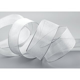 20 m x 38 mm Dekoband SILBER Passion Chiffonband glnzend mit Drahtkanten Geschenkband Band Weihnachten Advent Organza Chiffon Transparent