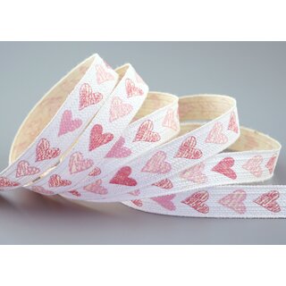 3 m x 15 mm Dekoband Happy Hearts Creme Rosa Geschenkband Herzen Schleifenband Band 100% Baumwolle Liebe Valentinstag Muttertag