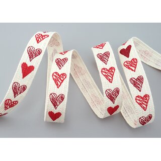 3 m x 15 mm Dekoband Happy Hearts Creme Rot Geschenkband Herzen Schleifenband Band 100% Baumwolle Liebe Valentinstag Muttertag