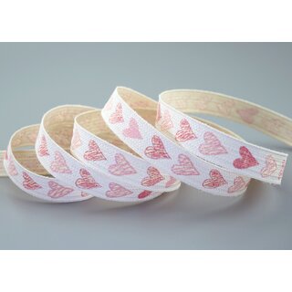 20 m x 15 mm Dekoband Happy Hearts Creme Rosa Geschenkband Herzen Schleifenband Band 100% Baumwolle Liebe Valentinstag Muttertag