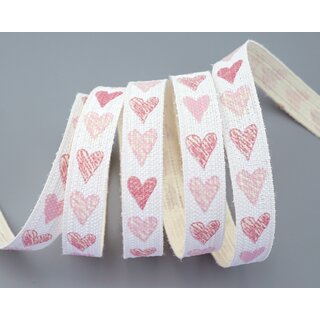 20 m x 15 mm Dekoband Happy Hearts Creme Rosa Geschenkband Herzen Schleifenband Band 100% Baumwolle Liebe Valentinstag Muttertag