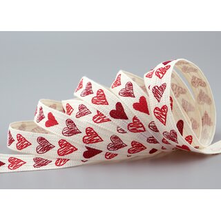 20 m x 15 mm Dekoband Happy Hearts Creme Rot Geschenkband Herzen Schleifenband Band 100% Baumwolle Liebe Valentinstag Muttertag