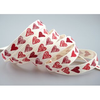 20 m x 15 mm Dekoband Happy Hearts Creme Rot Geschenkband Herzen Schleifenband Band 100% Baumwolle Liebe Valentinstag Muttertag
