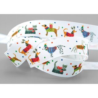 25 m x 25 mm Dekoband Dogs Hunde PUNKTE Geschenkband Schleifenband Stoffband Deko Band Kinder Winter Weihnachten Collie Chihuahua Terrier Mops Spitz Dachshund Dalmatiner Corgi Beagle Jagdhund