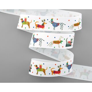 25 m x 25 mm Dekoband Dogs Hunde PUNKTE Geschenkband Schleifenband Stoffband Deko Band Kinder Winter Weihnachten Collie Chihuahua Terrier Mops Spitz Dachshund Dalmatiner Corgi Beagle Jagdhund