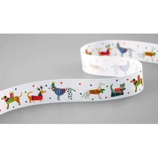25 m x 25 mm Dekoband Dogs Hunde PUNKTE Geschenkband Schleifenband Stoffband Deko Band Kinder Winter Weihnachten Collie Chihuahua Terrier Mops Spitz Dachshund Dalmatiner Corgi Beagle Jagdhund